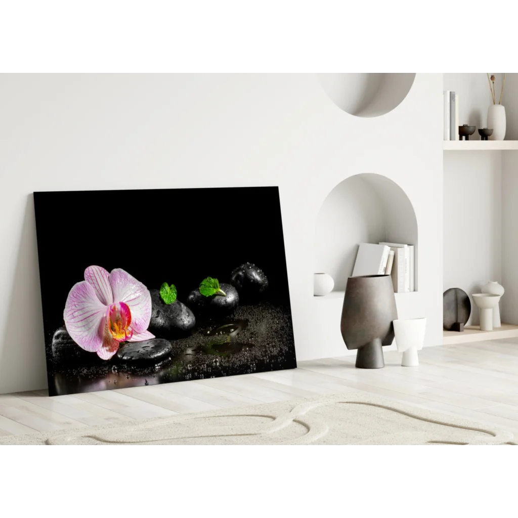 Pink orchid zen garden canvas wall art with black stones
