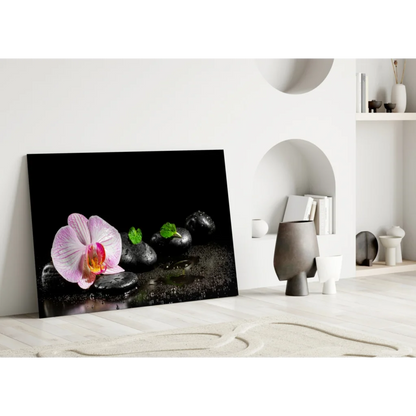 Pink orchid zen garden canvas wall art with black stones