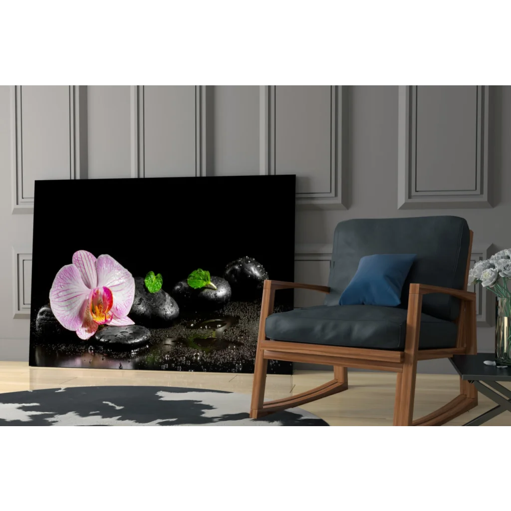 Pink orchid zen garden wall art canvas with black stones
