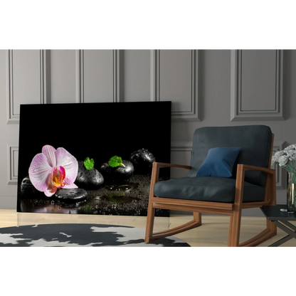 Pink orchid zen garden wall art canvas with black stones