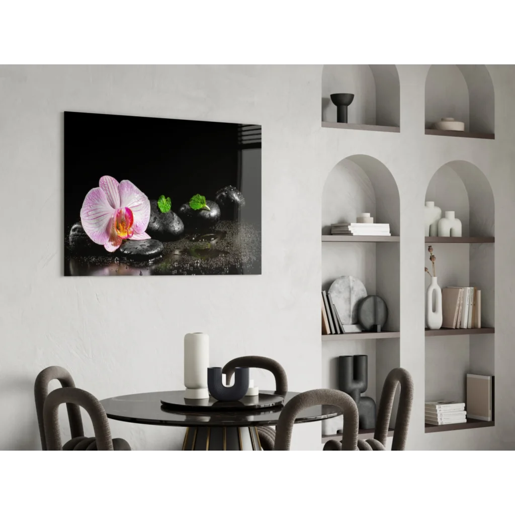 Pink orchid zen garden canvas wall art on black stones