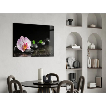 Pink orchid zen garden canvas wall art on black stones