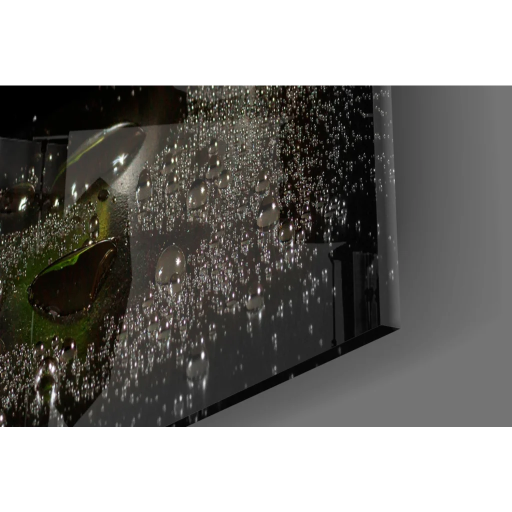 Glistening water droplets on dark glass wall art in Pink Orchid Zen Garden frame