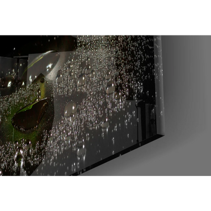 Glistening water droplets on dark glass wall art in Pink Orchid Zen Garden frame