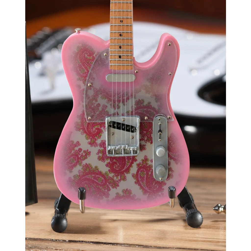 Pink paisley Fender Tele Mini guitar case gift by Axe Heaven® on adjustable A-frame stand