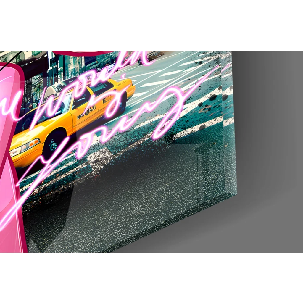 Vibrant yellow NYC taxi canvas wall art with pink graffiti crown and bold eyes