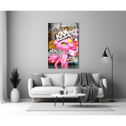 Pink Panther graffiti wall art canvas with bold yellow eyes and white crown