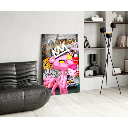 Bold Pink Panther graffiti canvas wall art with crown and yellow eyes