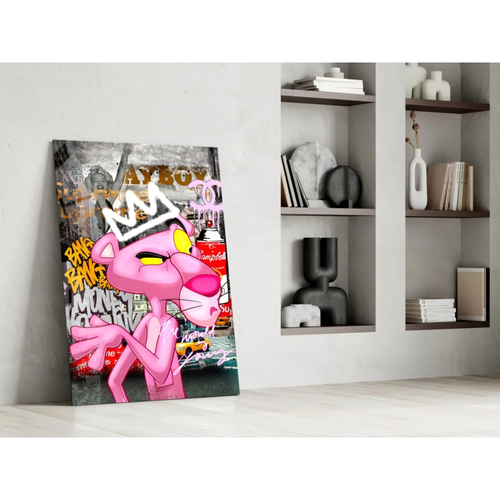 Pink Panther graffiti wall art canvas with crown and bold eyes