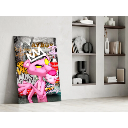 Pink Panther graffiti wall art canvas with crown and bold eyes