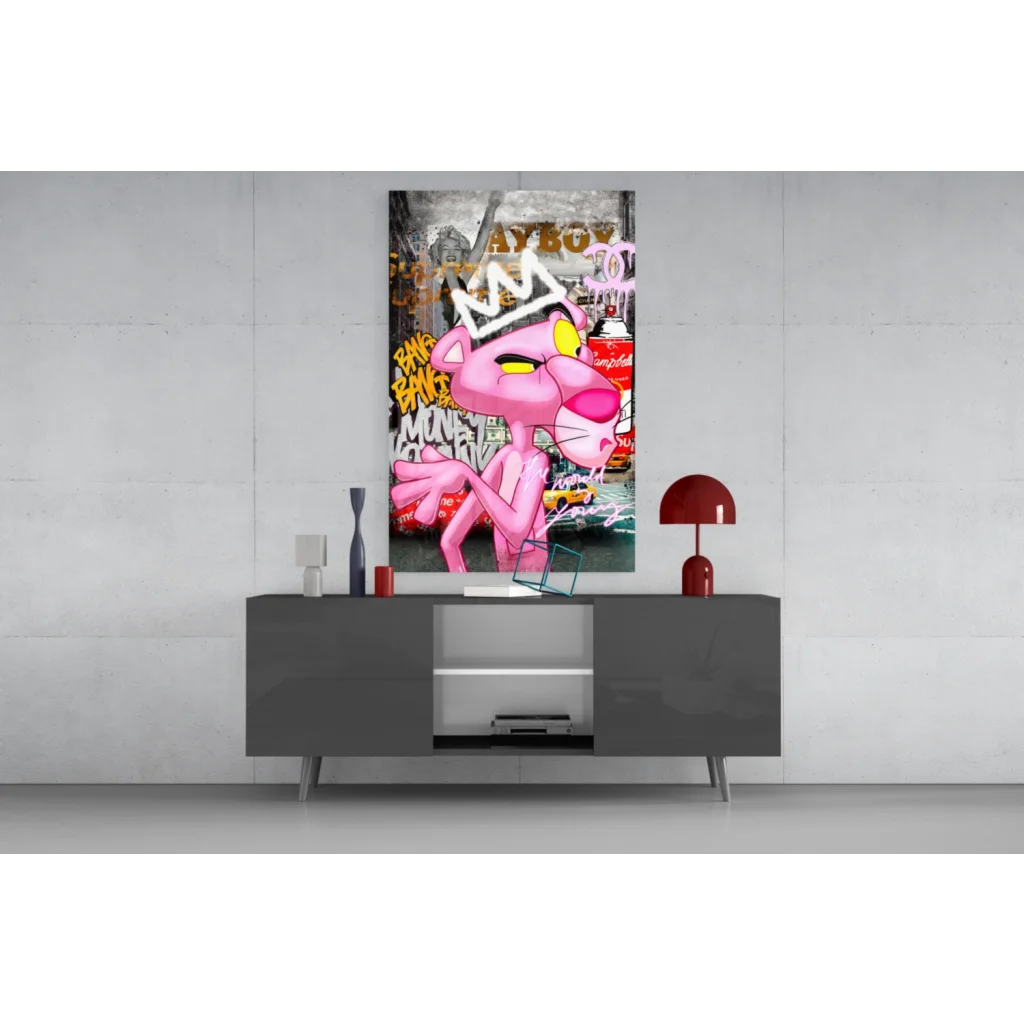 Pink Panther graffiti wall art canvas with crown and bold eyes