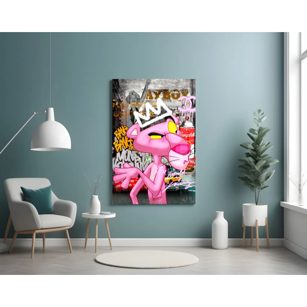 Pink Panther graffiti wall art canvas with bold yellow eyes and crown