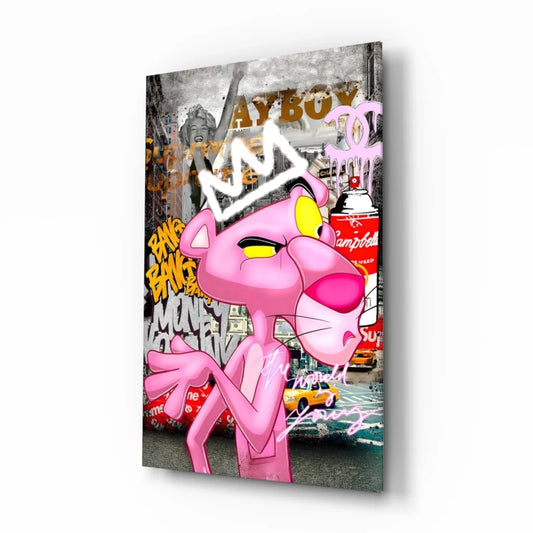 Pink Panther graffiti wall art canvas with crown and bold yellow eyes