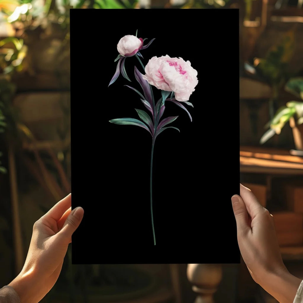 Delicate pink peony illustration on black canvas aluminum print
