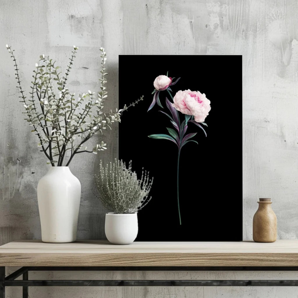 Black-framed pink peony floral art on black background