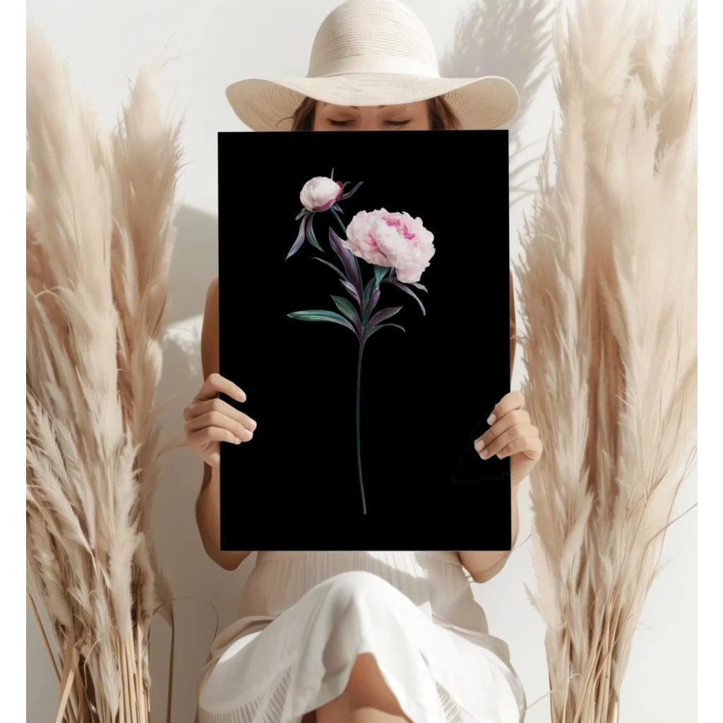 Delicate pink peony with green leaves on black canvas aluminum print