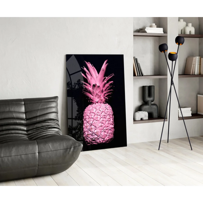 Stunning pink pineapple glass wall art on black canvas with glossy finish