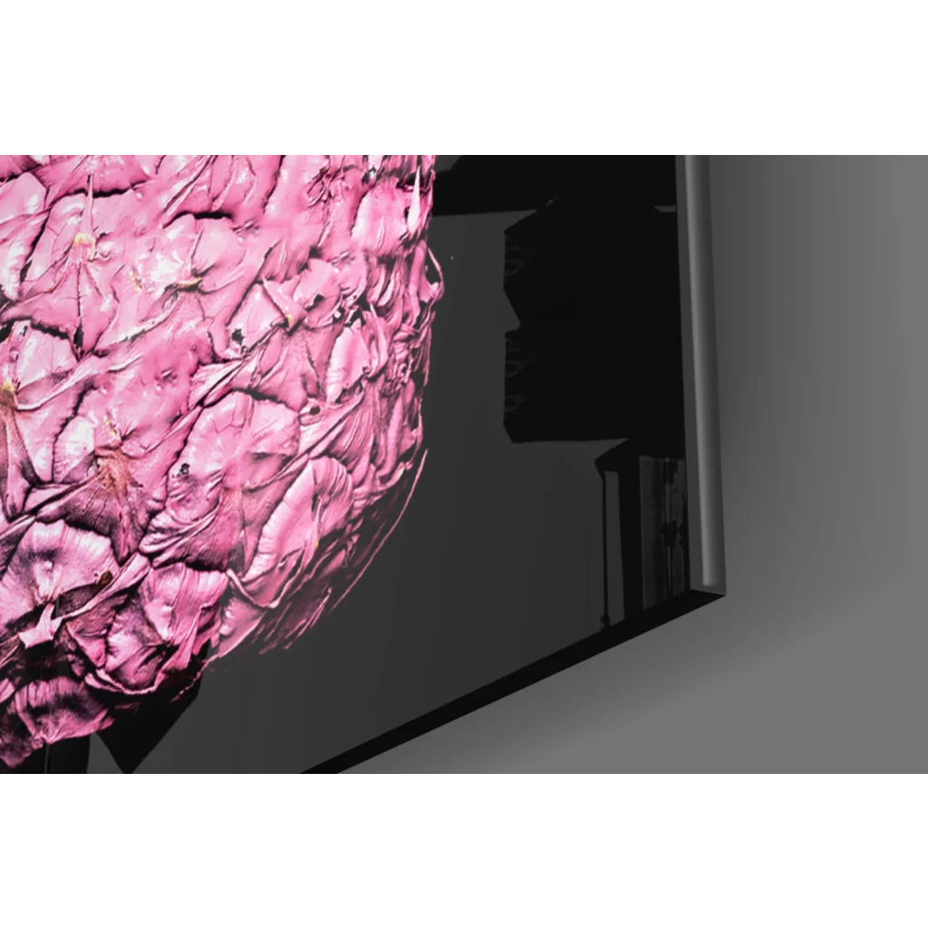 Vibrant pink textured brain glass wall art on black canvas