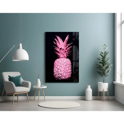 Vibrant pink pineapple glass wall art on black canvas