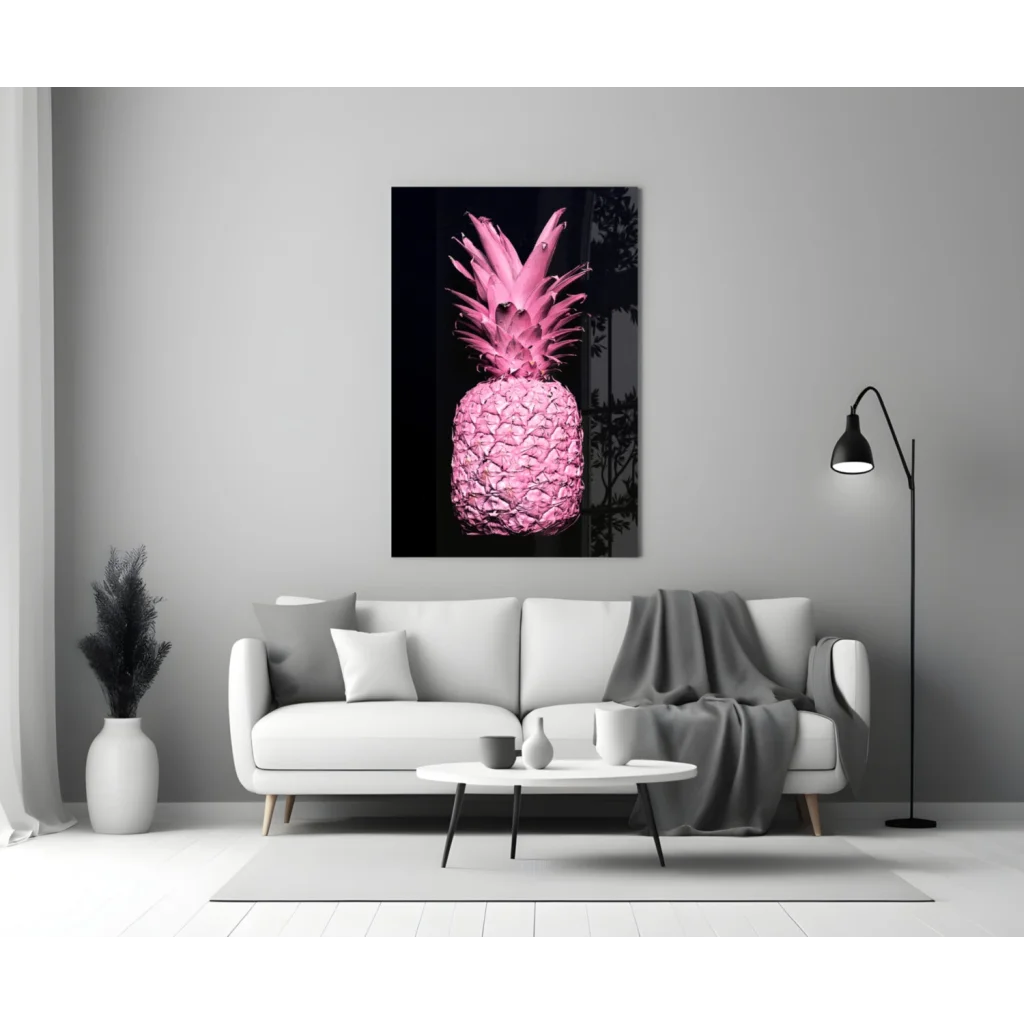 Vibrant pink pineapple glass wall art on black canvas with glossy finish