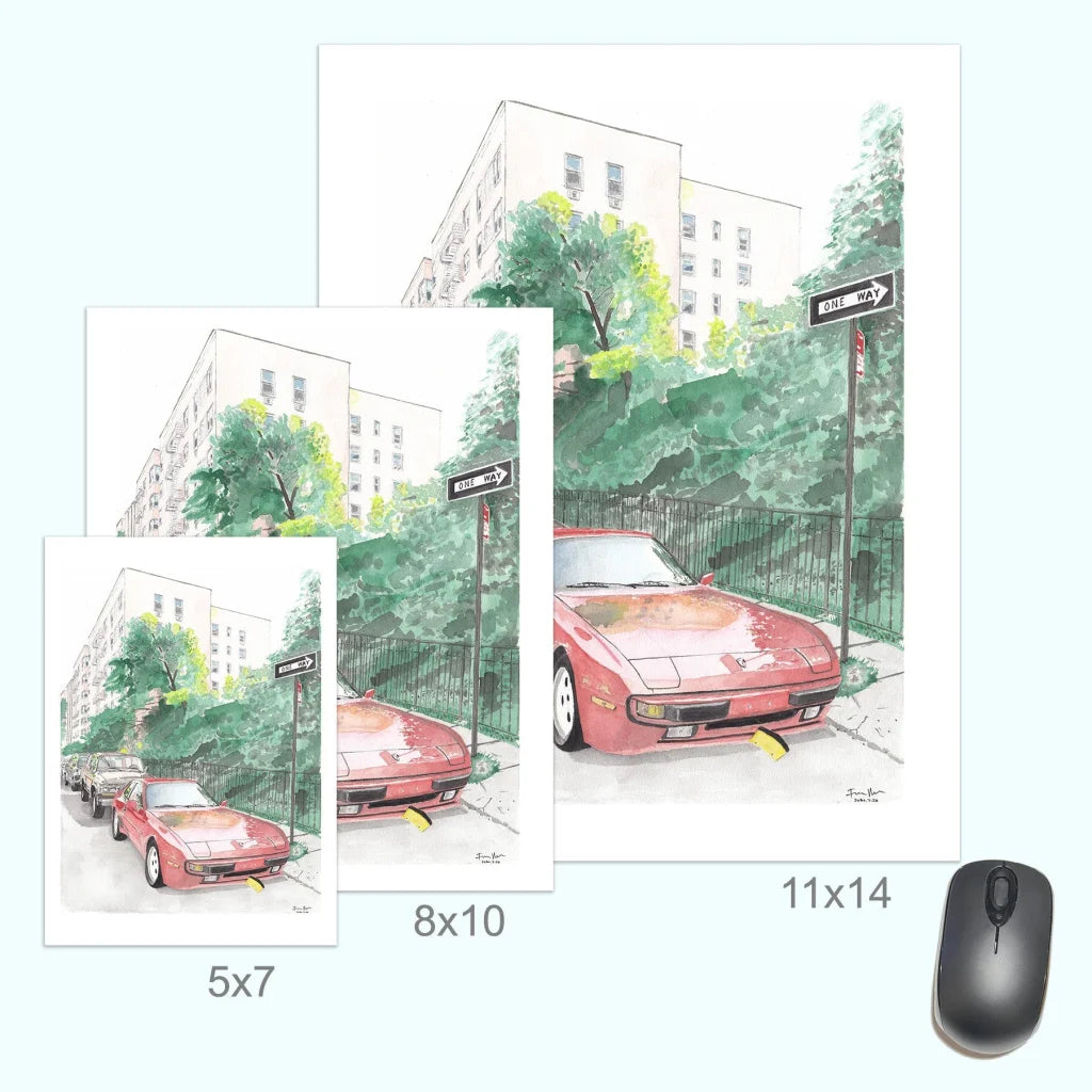 Pink Porsche 944 meets Toyota Land Cruiser NYC street art print