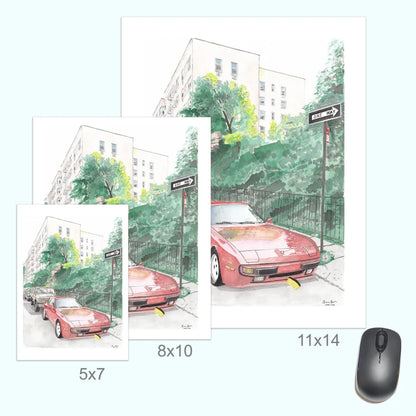 Pink Porsche 944 meets Toyota Land Cruiser NYC street art print