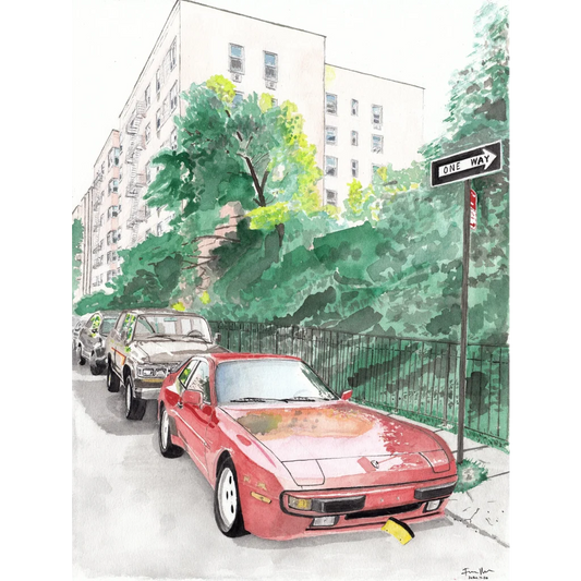 Red Porsche 944 with white rims meets Toyota Land Cruiser street art print