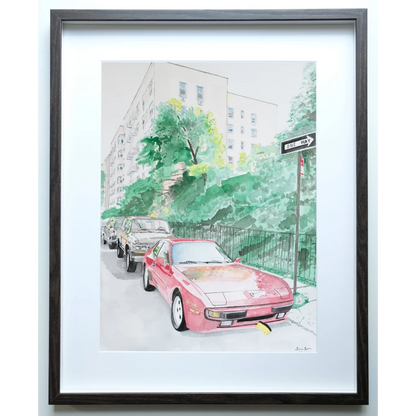 Pink Porsche 944 and Toyota Land Cruiser NYC street art print in black frame