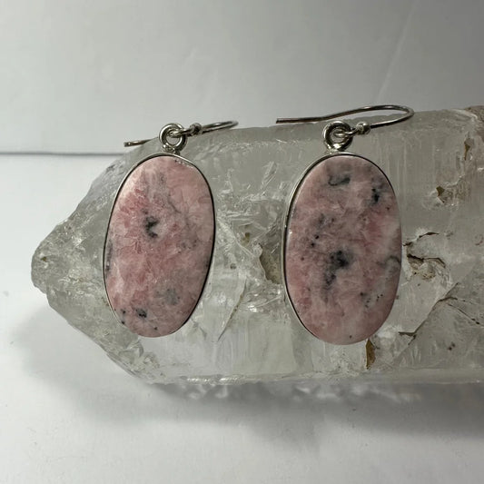 Pink rhodonite earrings with silver hooks and oval stones