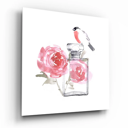 Pink rose bird tempered glass art perfume bottle with size guide