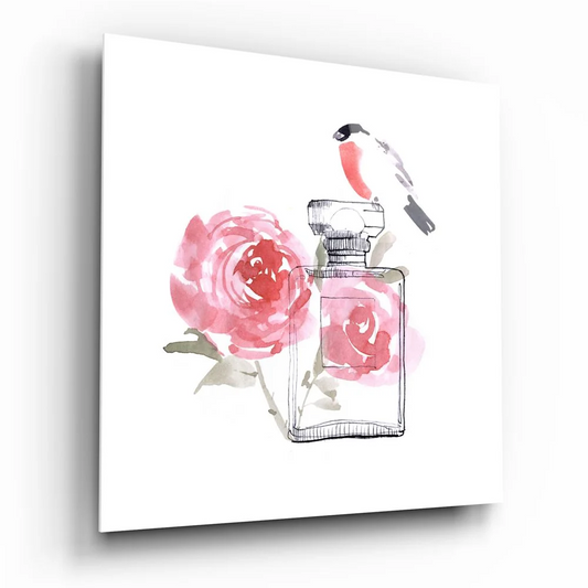 Pink rose bird tempered glass art perfume bottle with size guide