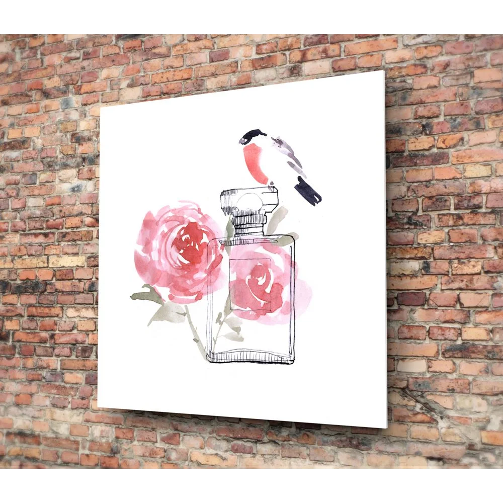 Pink Rose Bird tempered glass art perfume bottle on white background