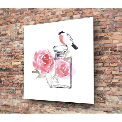 Pink Rose Bird tempered glass art perfume bottle on white background