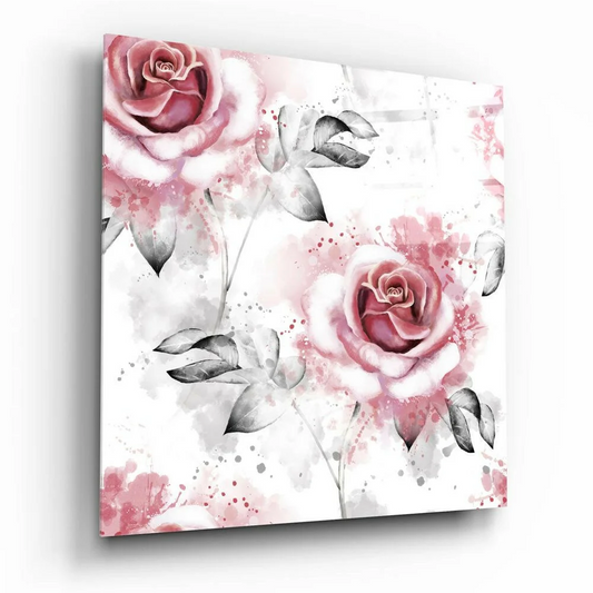 Stunning pink rose glass wall art with watercolor splash design