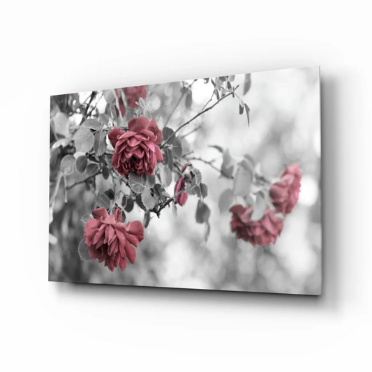 Vibrant pink roses canvas wall art on monochrome branches