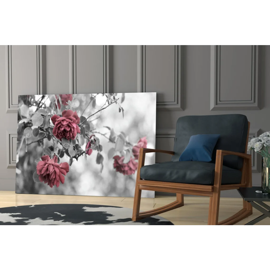 Vibrant pink roses canvas wall art with monochrome branches background