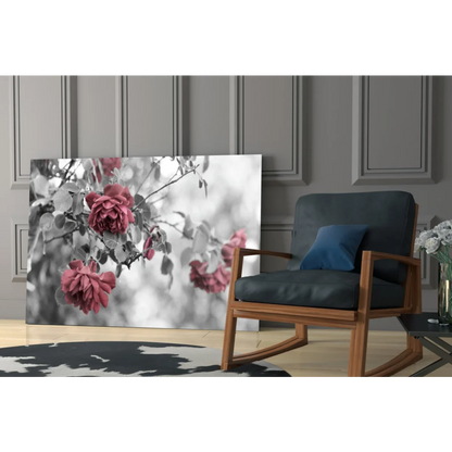 Vibrant pink roses canvas wall art with monochrome branches background