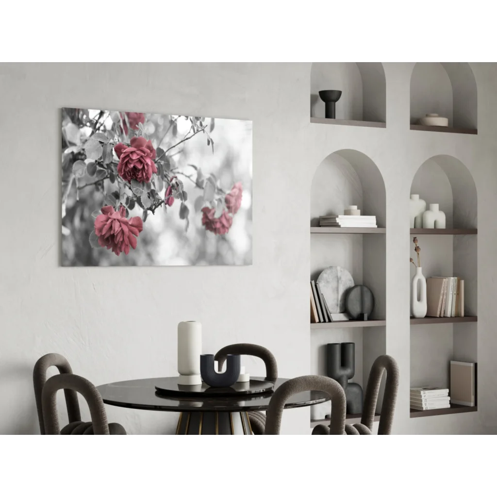 Vibrant pink roses wall art canvas print on monochrome background