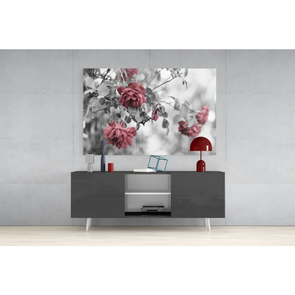 Modern pink roses canvas wall art print in black and white