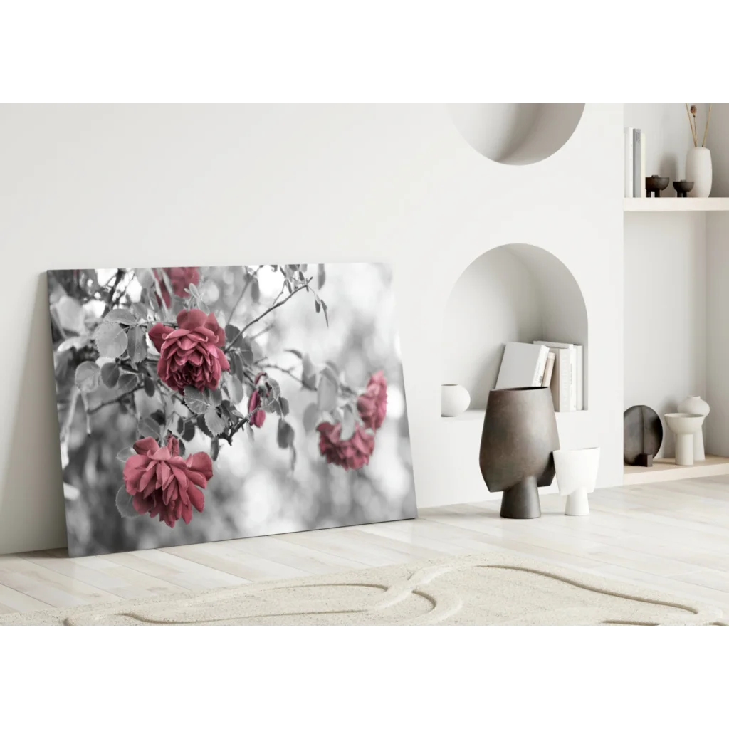 Pink roses canvas wall art with monochrome branches