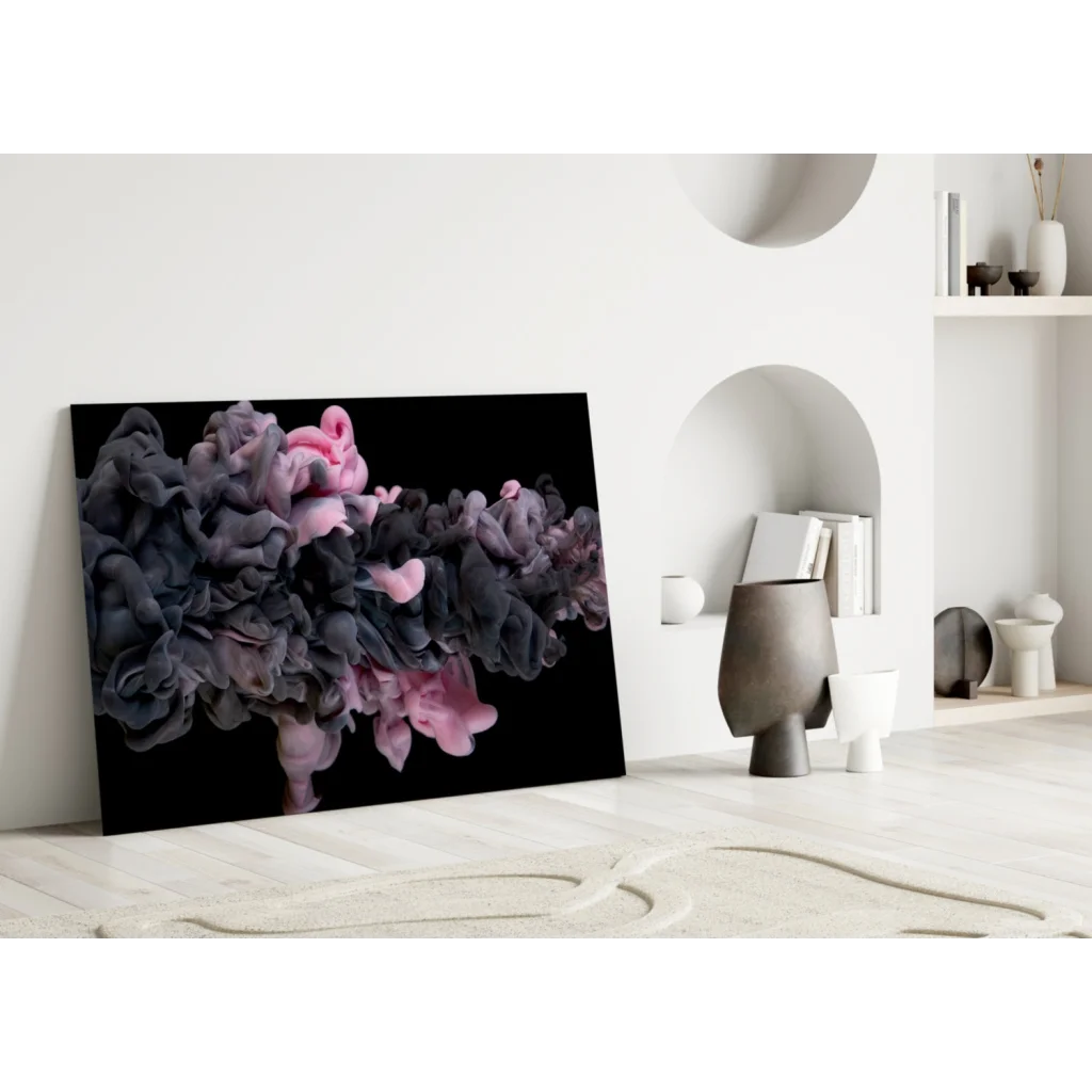 Pink swirl glass wall art canvas print on black background