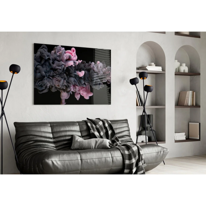 Modern pink swirl glass wall art on black canvas, hanging on white wall