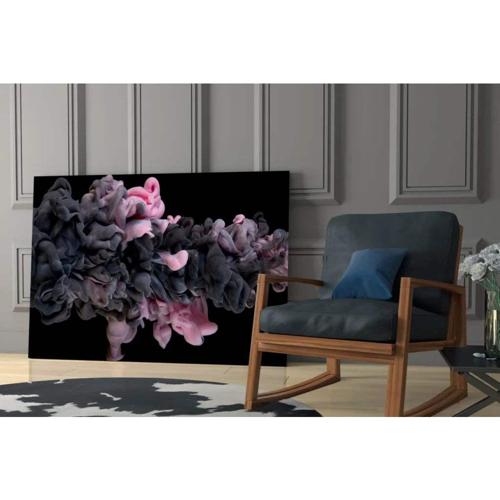 Swirling pink and gray ink on black glass wall art canvas print