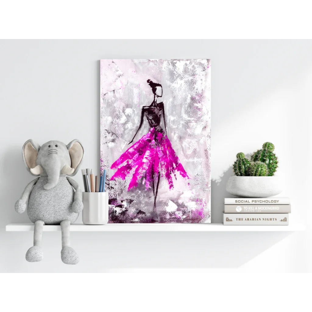 Pink tutu dress canvas art with black silhouette, modern abstract style