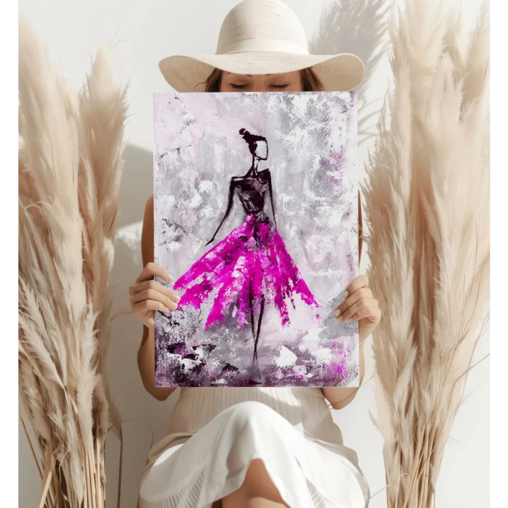 Pink tutu dress canvas art print with black silhouette design