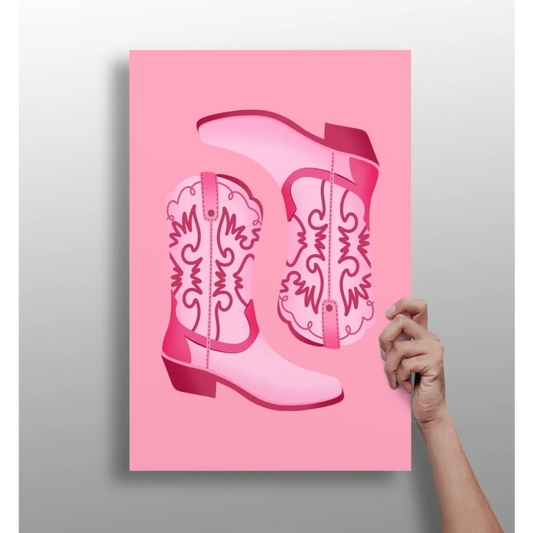 Pink cowboy boot artwork on Insigne aluminum print