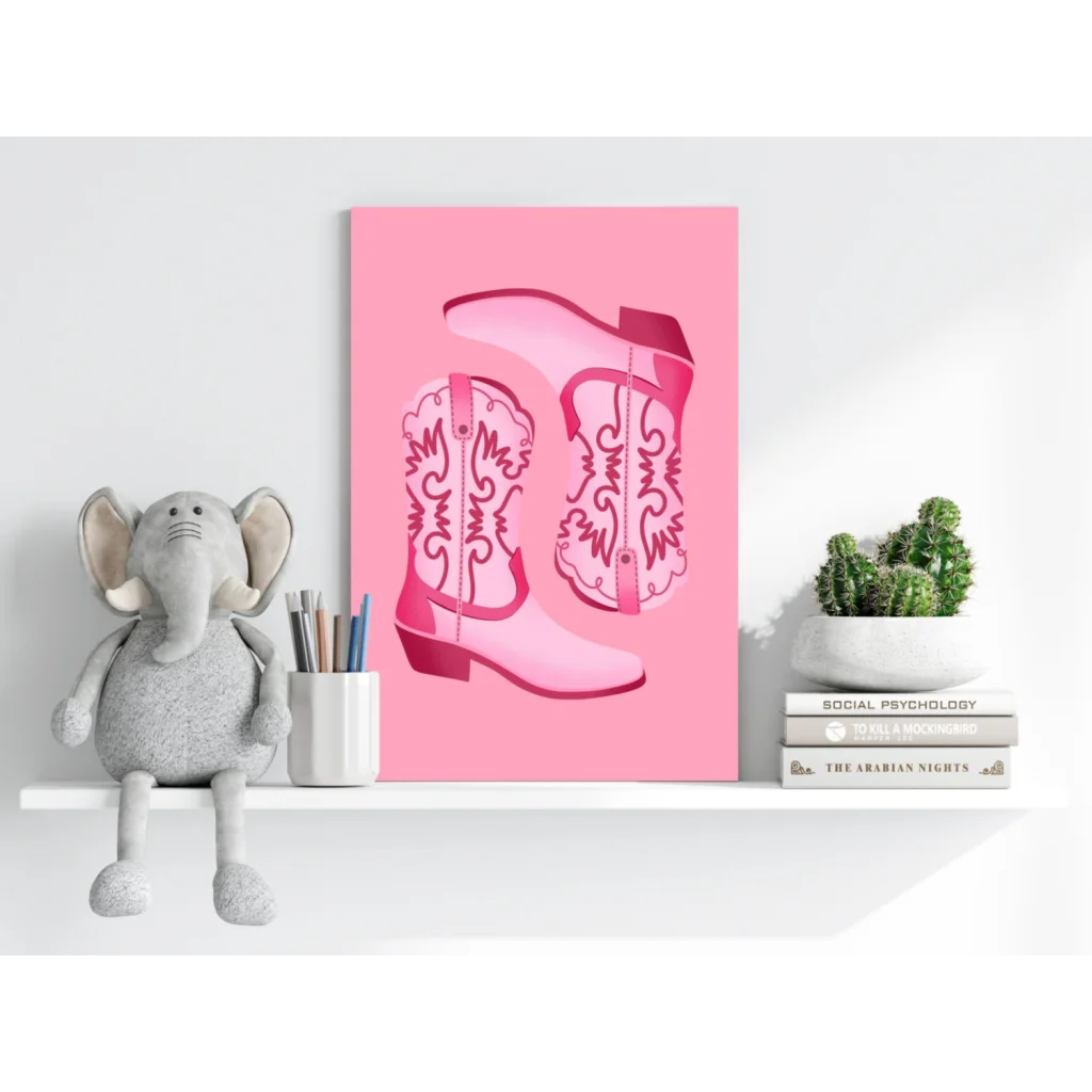 Pink cowboy boot artwork on Insigne Aluminum Prints canvas
