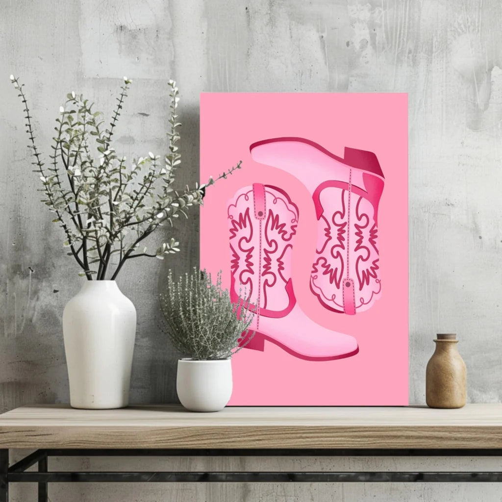 Stylized pink cowboy boots on insigne aluminum prints