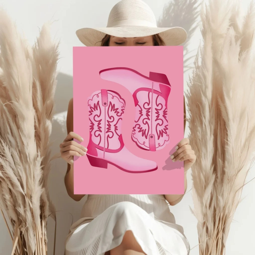 Vibrant pink cowboy boot illustration on pink background, Insigne Aluminum Prints