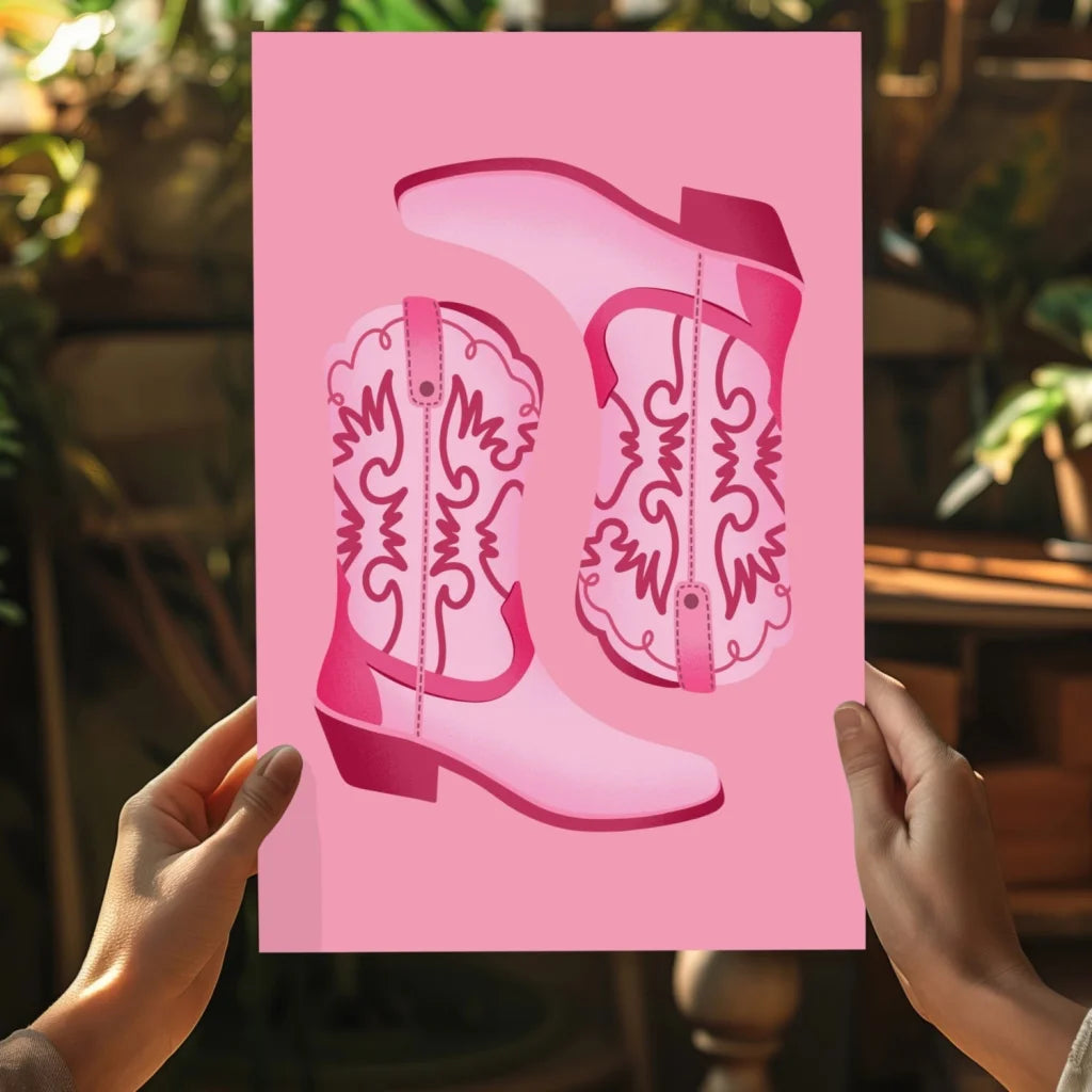 Pink laser-cut cowboy boot art print on Insigne Aluminum with vivid colors